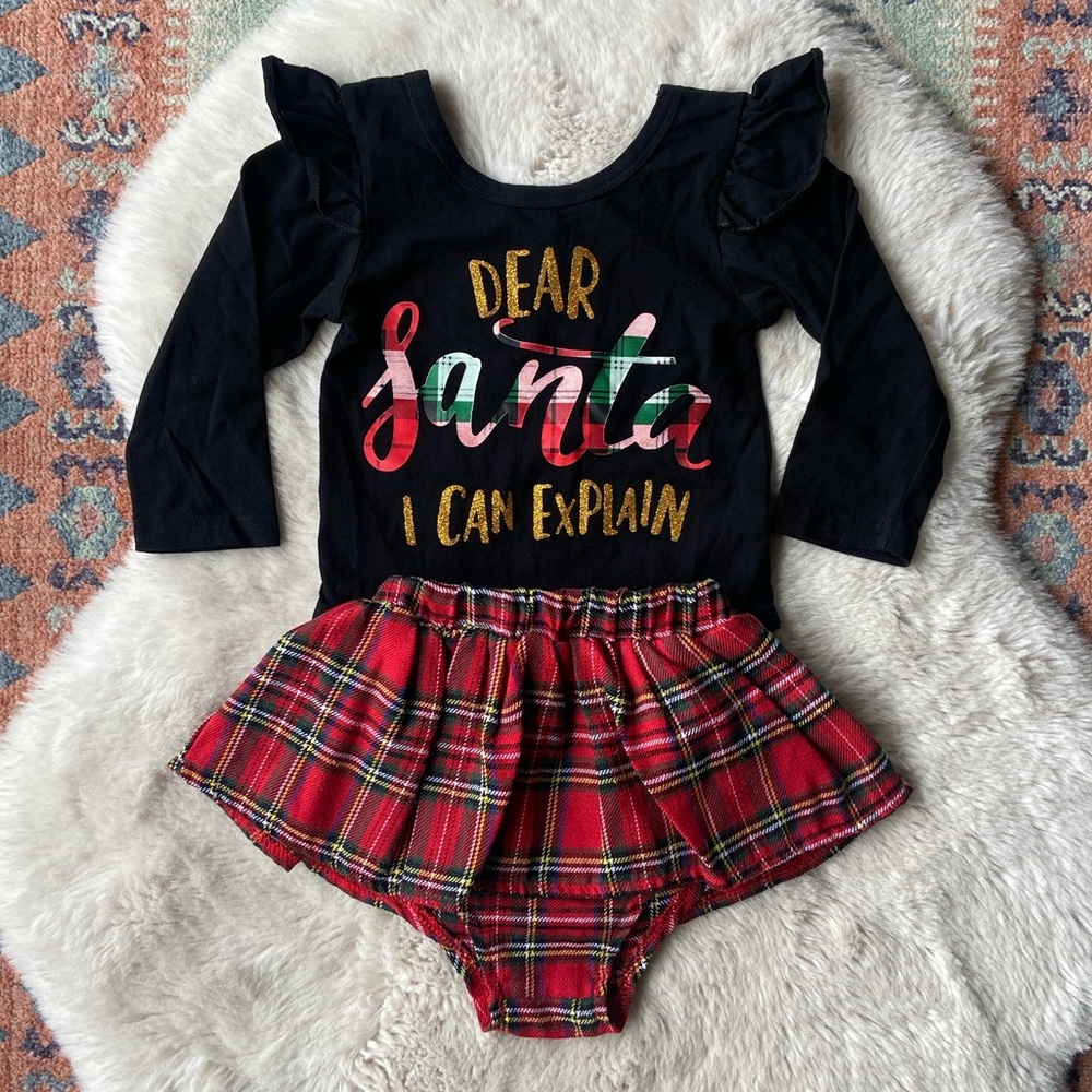 Amazon baby girl Christmas outfit plaid skirt & onesie holiday Santa size 100